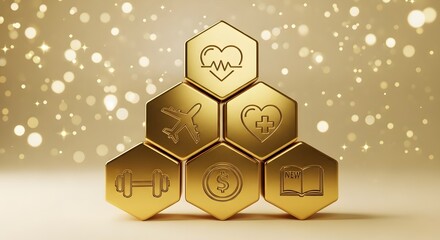 Obraz premium Golden Hexagons Representing Health, Travel, Finances, Fitness, and Knowledge with Sparkling Background