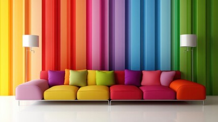 Colorful sofa with rainbow wall.