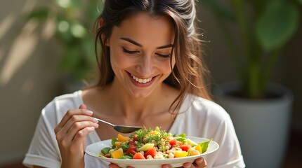 A cheerful young woman enjoys a fresh and vibrant salad filled with various colorful vegetables and toppings while basking in the warm sunlight outdoors.