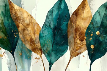 Elegant Watercolor Leaves in Teal and Gold with Abstract Background for Design Projects