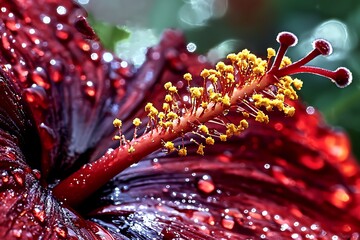 Close-Up of Vibrant Red Hibiscus Flower with Raindrops and Bright Yellow Stamen