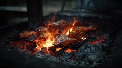 Blazing Campfire with Intense Orange Flames and Red Embers, Creating Warmth and Light in Darkness.