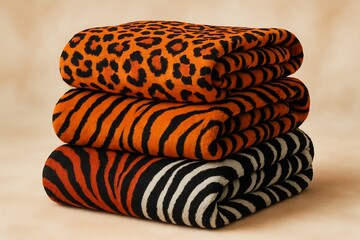 Stack of animal print fleece blankets — leopard, tiger and zebra patterns, cozy home textile