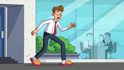 A man strolls into an office in slippers, sparking a funny, awkward moment for all