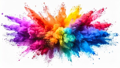 “Colorful rainbow Holi paint powder explosion isolated on white background in wide panoramic format. Vibrant multicolor dust burst with full HD detail, perfect for wallpapers, posters, and creative fe