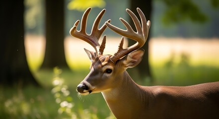 A majestic white-tailed deer with large antlers in a sunlit forest