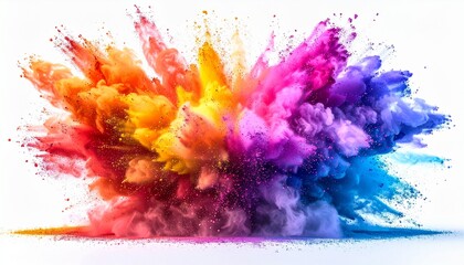 “Colorful rainbow Holi paint powder explosion isolated on white background in wide panoramic format. Vibrant multicolor dust burst with full HD detail, perfect for wallpapers, posters, and creative fe