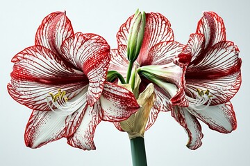 Stunning Red and White Amaryllis Flowers with Intricate Petal Patterns Against Soft Background