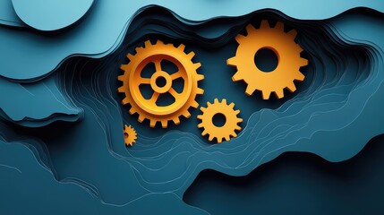 Gears mechanism moving in a layered paper style abstract