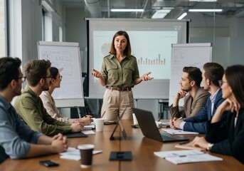 Obraz premium Business Meeting: Woman Presenting Data to Team