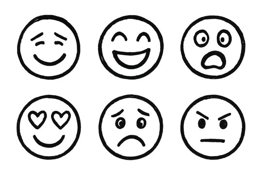 Naklejki Hand drawn doodle emoticon set. Chalk or marker style smiley face sketch icon with various expression isolated on transparent