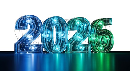 The year 2026 displayed in glowing blue and green futuristic digital numbers isolated on white background