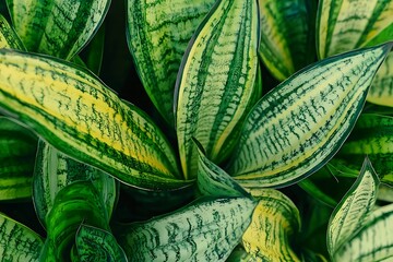 Lush Green Sansevieria Plant Leaves with Unique Patterns and Bright Yellow Edges in Nature