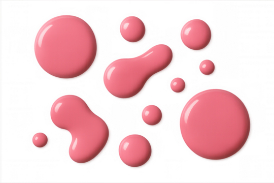 Pink nail polish liquid blobs and drops spilling, creating a glossy cosmetic texture. Transparent background