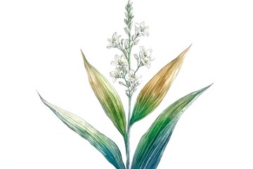 Elegant watercolor illustration of a plant with delicate white flowers and vibrant green leaves