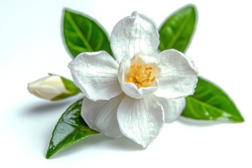Beautiful White Flower with Green Leaves on Light Background for Nature and Floral Design