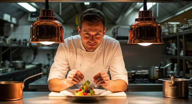 Professional male chef meticulously plating a gourmet dish in a high-end restaurant kitchen. A focused culinary artist adding the final touches under warm heat lamps, creating a work of art. - Powered by Adobe