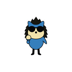 Cute cartoon hedgehog wearing sunglasses and holding delicious ice cream cone enjoying a sweet treat