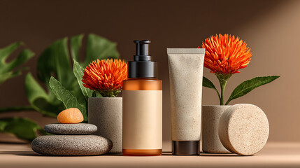 Still life of skincare products with flowers and stones.