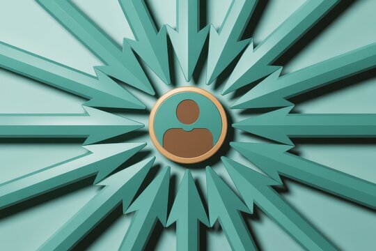 A person icon centered within a gold-rimmed circle surrounded by radiating teal-colored 3D shapes on a light teal background