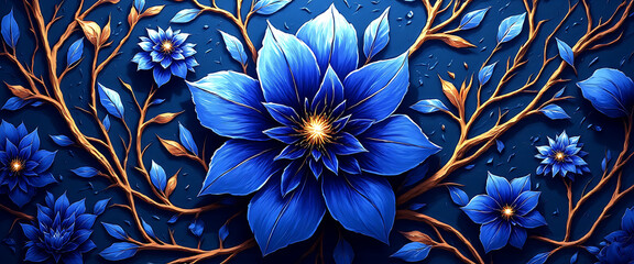 Luxury floral wallpaper featuring 3D embossed blossoms with gold, silver, and marble textures, elegant botanical mural in rich colors, abstract illustration for art prints, seamless 4K decorative back