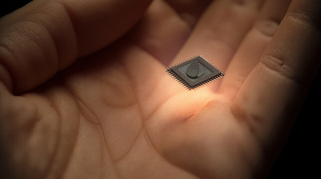 Hand holding glowing microchip
