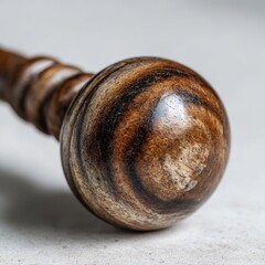 Close-up macro of a weathered, antique wooden cane handle with swirling grain and textured surface.