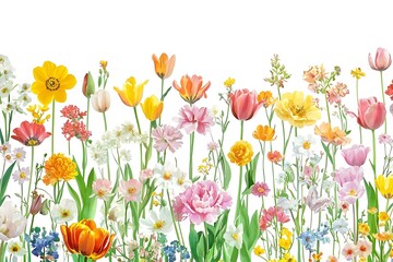 Colorful Blooming Flowers in a Field with Various Petals and Greenery on White Background