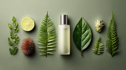 Flat lay of natural beauty product with green foliage layout.