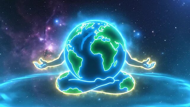 Meditating Earth in serene cosmic yoga pose for global wellbeing video, promoting mindfulness and harmony in space