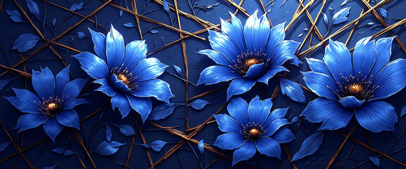 Luxury floral wallpaper featuring 3D embossed blossoms with gold, silver, and marble textures, elegant botanical mural in rich colors, abstract illustration for art prints, seamless 4K decorative back