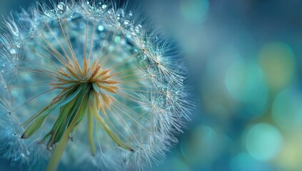 Delicate dandelion head, water droplets, soft teal background