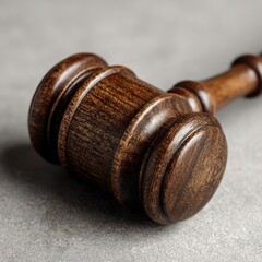Close-up of a polished wooden judges gavel resting on a textured gray surface, symbolizing justice and legal proceedings.