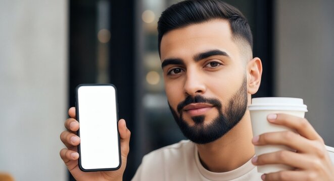 A young man with a beard holds a smartphone with a blank screen and a coffee cup, looking towards the camera with a slight smile.