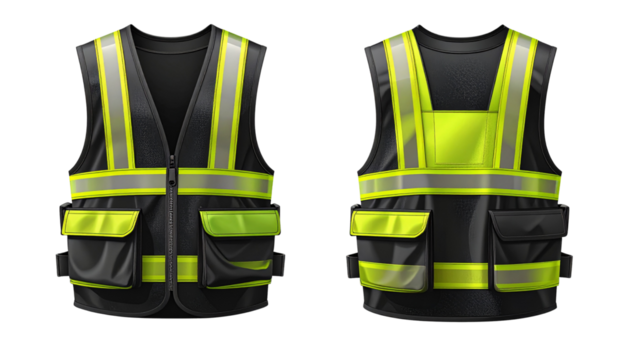  Black High-Visibility Vest with Hook and Loop Closure Bundle: Variations Isolated on Transparent Background