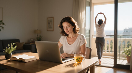 Woman working from home with laptop