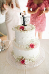 bride and groom holding wedding cake