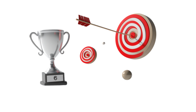 3D success icons trophy and target isolated on transparent background
