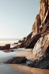 Coastal Majesty - Golden Light on Rocky Cliffs and Wet Sand Beach at Low Tide.