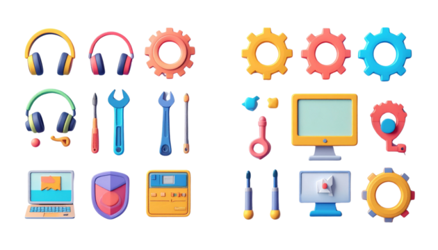 3D Render Icons of Technical Support Tools Bundle: Variations Isolated on Transparent Background