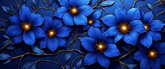 Luxury floral wallpaper featuring 3D embossed blossoms with gold, silver, and marble textures, elegant botanical mural in rich colors, abstract illustration for art prints, seamless 4K decorative back