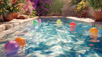 Colorful Balls Floating in a Sun-Drenched Stone Pool, Surrounded by Lush Greenery and Flowers.