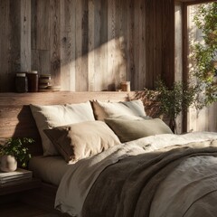 Cozy Rustic Bedroom with Sunlit Wooden Walls and Plush Pillows.