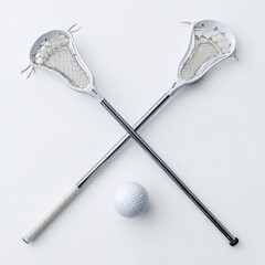 Crossed Lacrosse Sticks and Ball on White Background, Minimalist Sports Equipment Still Life.