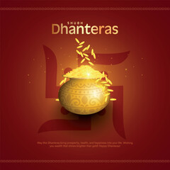 Happy Dhanteras poster template design with gold coin in pot and decorative diya lamp. Indian festival Dhanteras creative vector design.