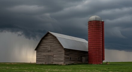 Rural landscape of a weathered wooden barn and a red silo against a dramatic sky