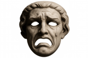 Greek tragedy mask crying with a tear representing sadness, pain, drama, and emotional despair, transparent background