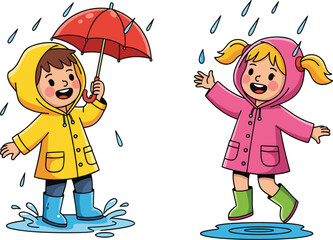 Children playing in rain, kids with umbrella, joyful puddle splash, rainy day fun, outdoor lifestyle illustration