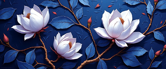 Luxury floral wallpaper featuring 3D embossed blossoms with gold, silver, and marble textures, elegant botanical mural in rich colors, abstract illustration for art prints, seamless 4K decorative back