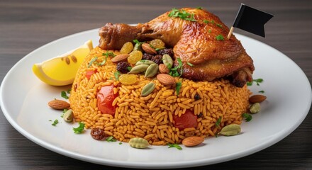 A golden-brown roasted chicken leg and thigh served atop a mound of fragrant, spiced rice garnished with nuts, dried fruits, and cardamom pods, accompanied by a lemon wedge.